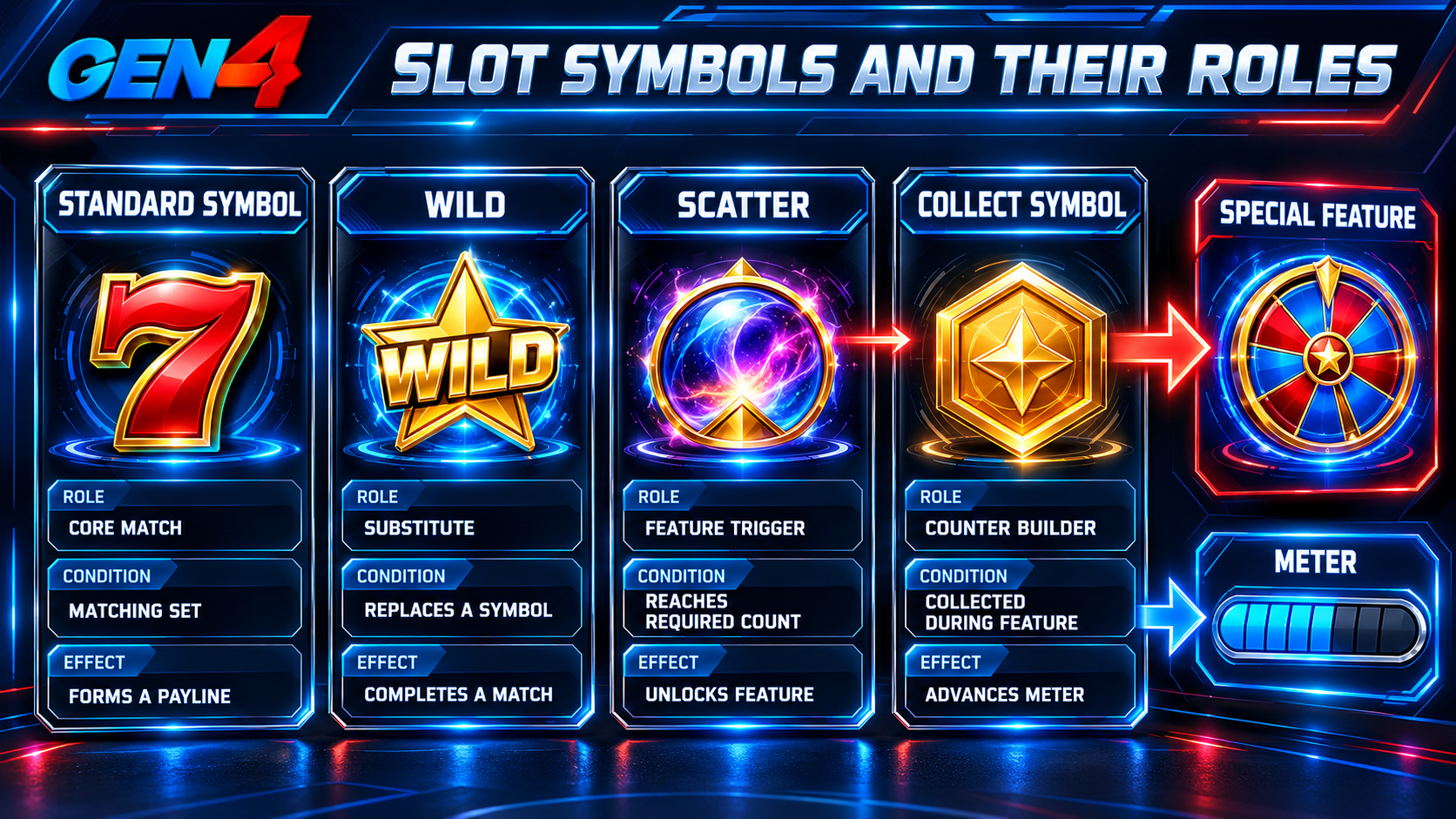 อินโฟกราฟิก Gen4 สล็อตออนไลน์ แสดงสัญลักษณ์พื้นฐาน Wild Scatter และสัญลักษณ์สะสม พร้อมหน้าที่ เงื่อนไข ผลที่เกิดขึ้น และความสัมพันธ์ไปยังฟีเจอร์พิเศษกับมิเตอร์สะสม